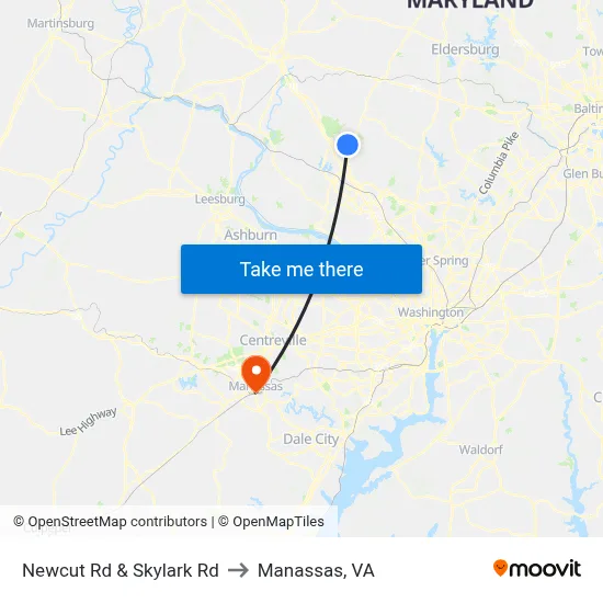 Newcut Rd & Skylark Rd to Manassas, VA map