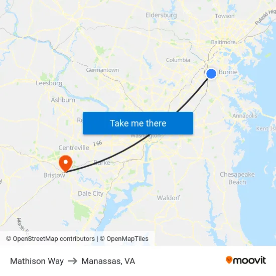 Mathison Way to Manassas, VA map