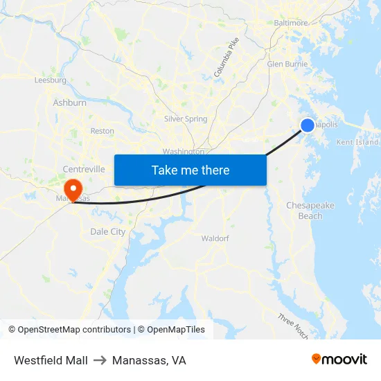 Westfield Mall to Manassas, VA map