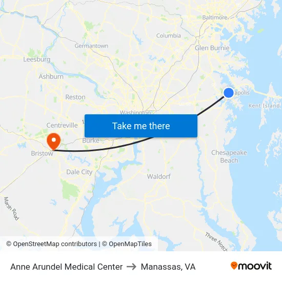 Anne Arundel Medical Center to Manassas, VA map