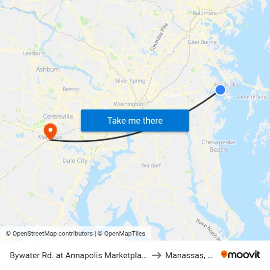 Bywater Rd. at Annapolis Marketplace to Manassas, VA map