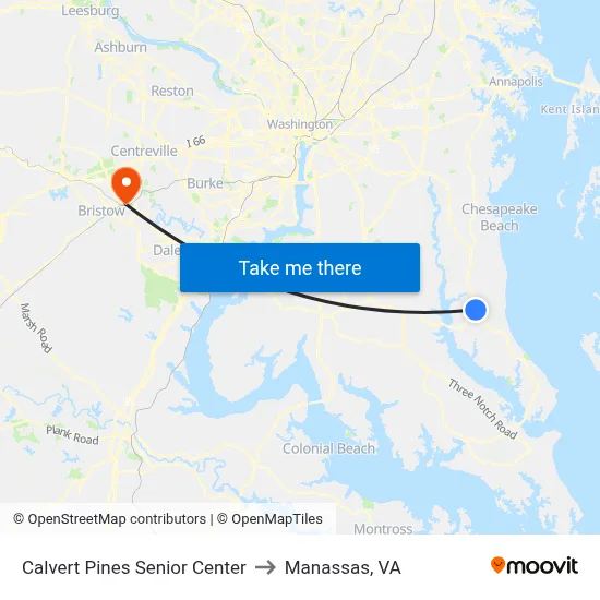 Calvert Pines Senior Center to Manassas, VA map