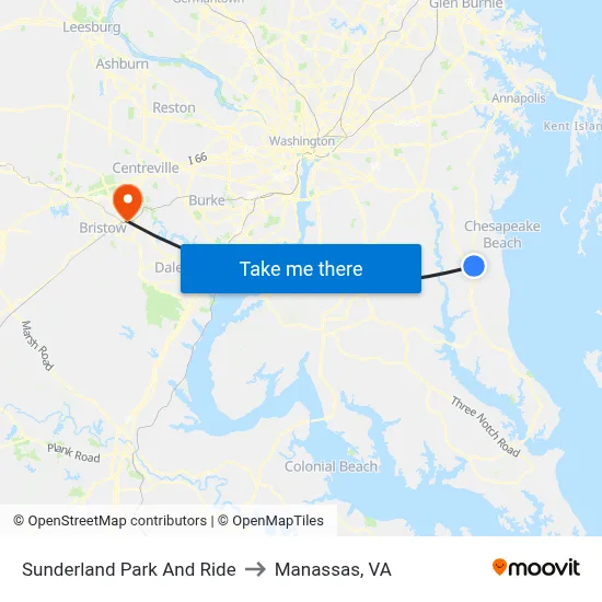 Sunderland Park And Ride to Manassas, VA map