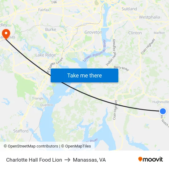 Charlotte Hall Food Lion to Manassas, VA map