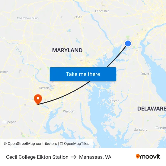 Cecil College Elkton Station to Manassas, VA map