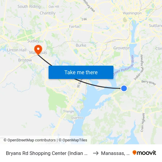 Bryans Rd Shopping Center (Indian Head) to Manassas, VA map