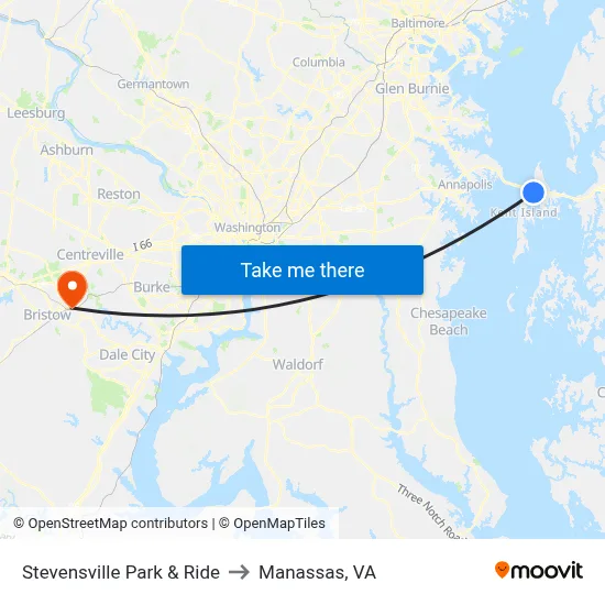 Stevensville Park & Ride to Manassas, VA map