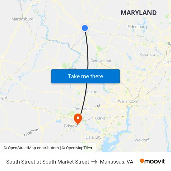 South Street at South Market Street to Manassas, VA map