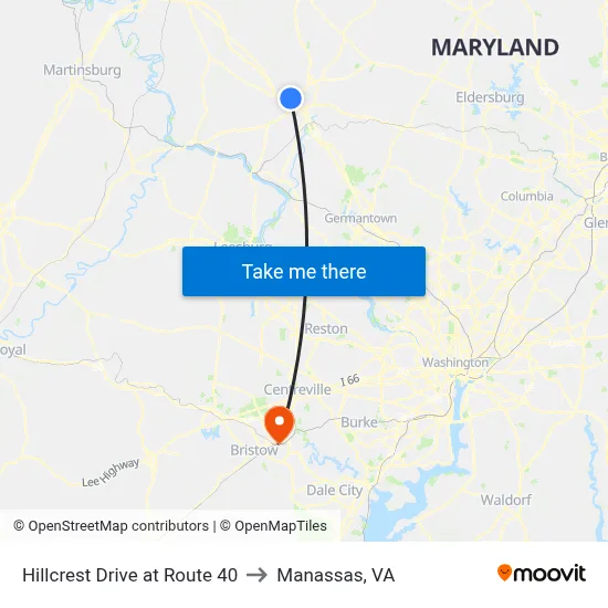 Hillcrest Drive at Route 40 to Manassas, VA map