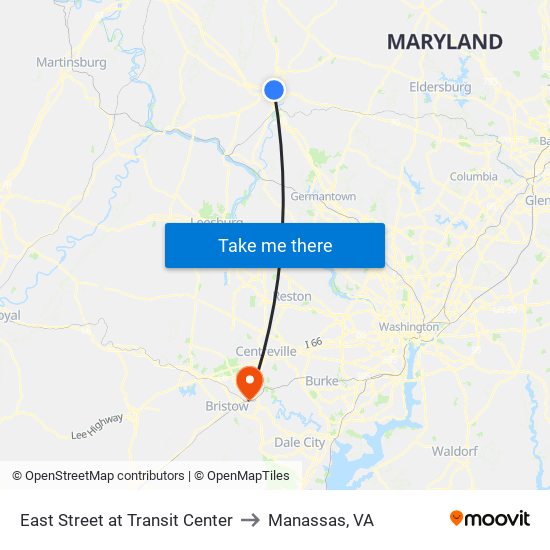 East Street at Transit Center to Manassas, VA map