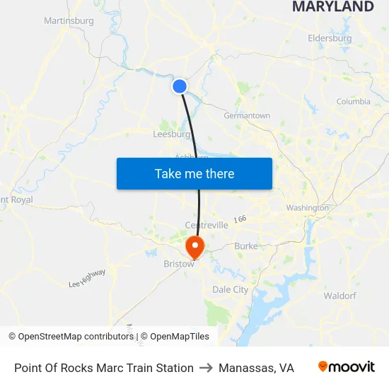 Point Of Rocks Marc Train Station to Manassas, VA map