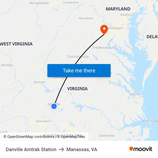 Danville Amtrak Station to Manassas, VA map