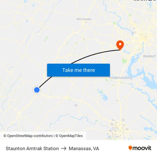 Staunton Amtrak Station to Manassas, VA map