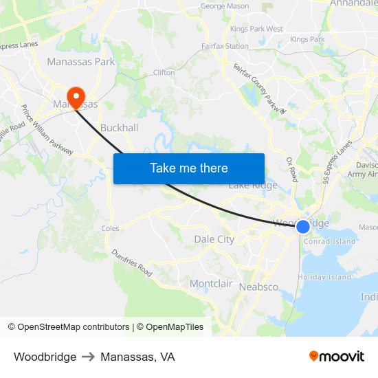 Woodbridge to Manassas, VA map