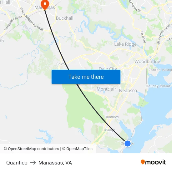 Quantico to Manassas, VA map