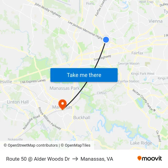 Route 50 @ Alder Woods Dr to Manassas, VA map