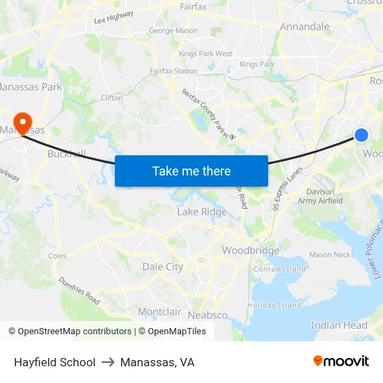 Hayfield School to Manassas, VA map