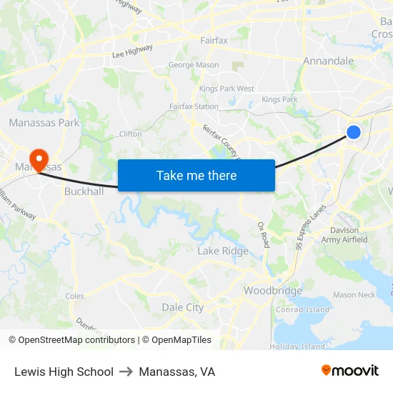 Lewis High School to Manassas, VA map