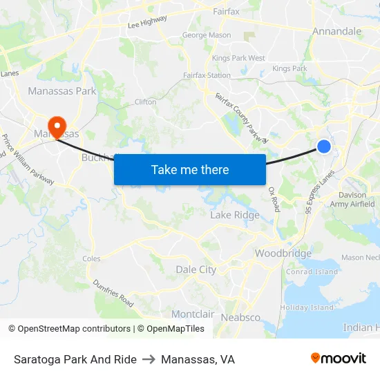 Saratoga Park And Ride to Manassas, VA map