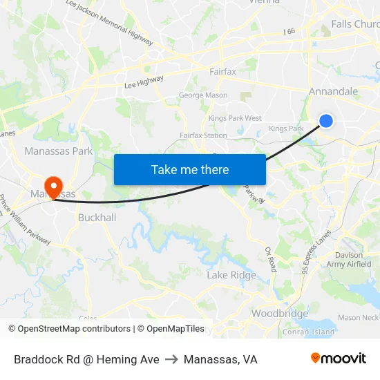 Braddock Rd @ Heming Ave to Manassas, VA map