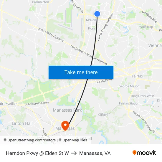 Herndon Pkwy @ Elden St W to Manassas, VA map
