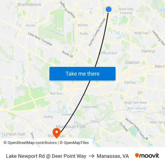 Lake Newport Rd @ Deer Point Way to Manassas, VA map