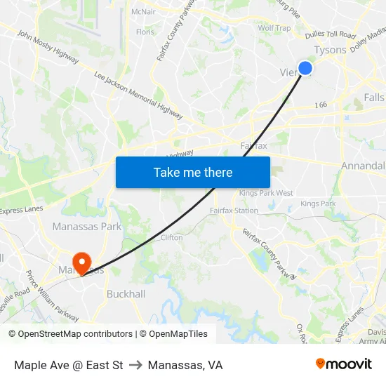 Maple Ave @ East St to Manassas, VA map