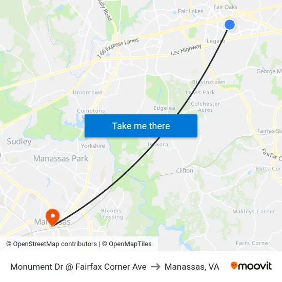 Monument Dr @ Fairfax Corner Ave to Manassas, VA map