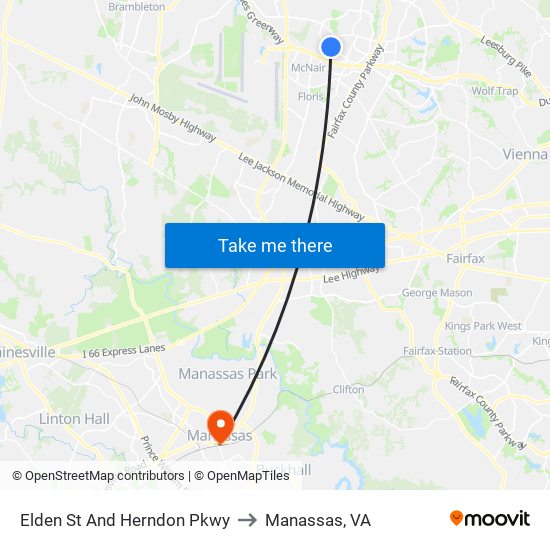 Elden St And Herndon Pkwy to Manassas, VA map