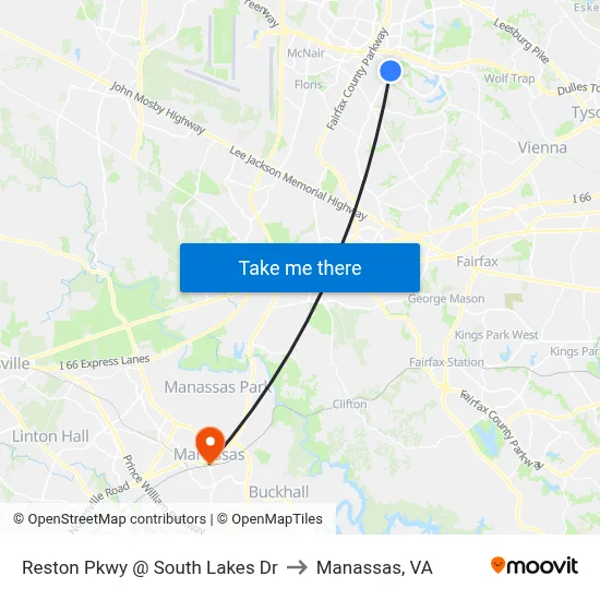 Reston Pkwy @ South Lakes Dr to Manassas, VA map