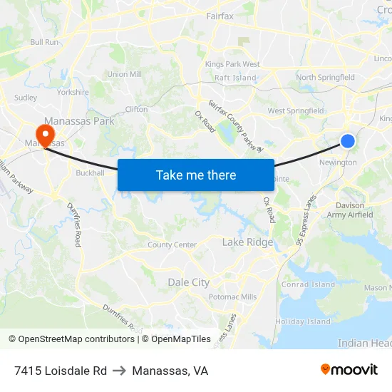 7415 Loisdale Rd to Manassas, VA map