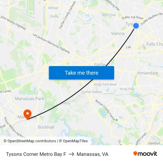 Tysons Corner Metro Bay F to Manassas, VA map