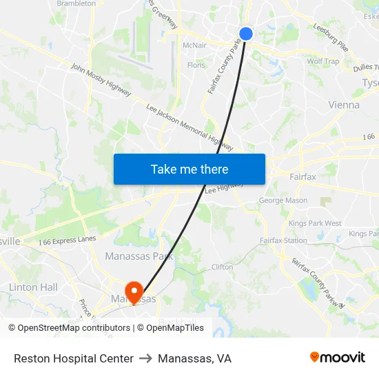 Reston Hospital Center to Manassas, VA map