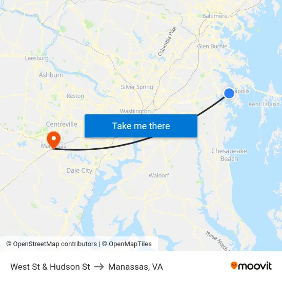 West St & Hudson St to Manassas, VA map