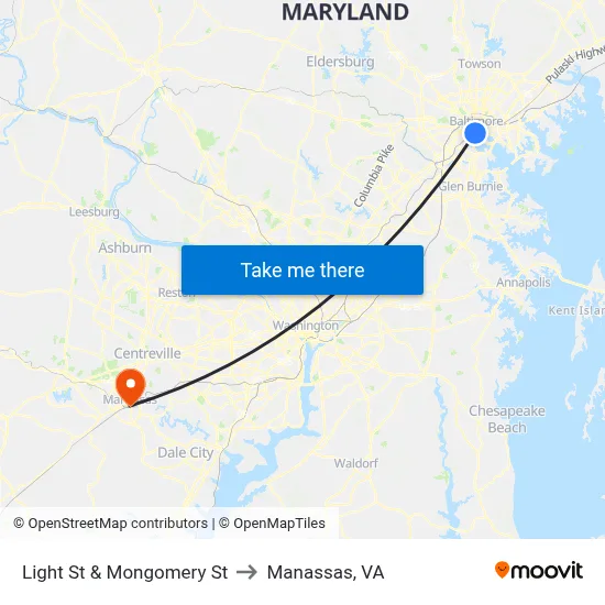 Light St & Mongomery St to Manassas, VA map