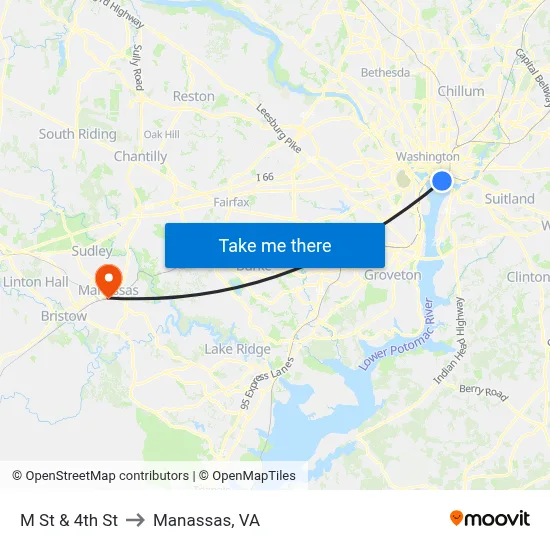 M St & 4th St to Manassas, VA map