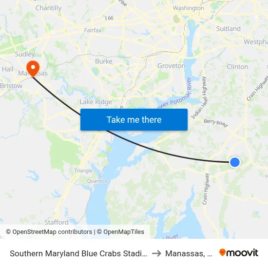 Southern Maryland Blue Crabs Stadium to Manassas, VA map
