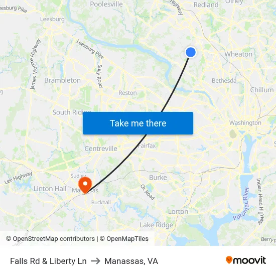 Falls Rd & Liberty Ln to Manassas, VA map