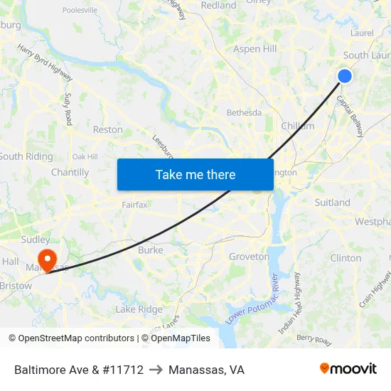 Baltimore Ave & #11712 to Manassas, VA map