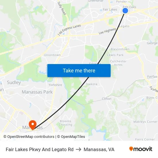 Fair Lakes Pkwy And Legato Rd to Manassas, VA map