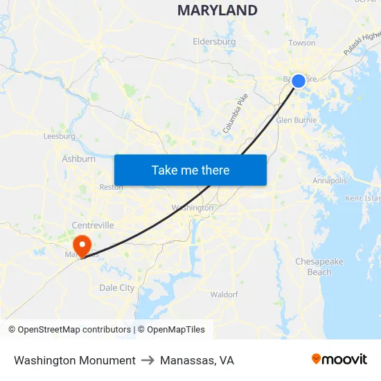 Washington Monument to Manassas, VA map