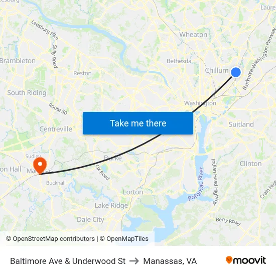 Baltimore Ave & Underwood St to Manassas, VA map