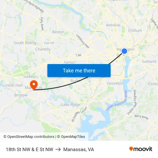 18th St NW & E St NW to Manassas, VA map
