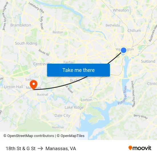 18th St & G St to Manassas, VA map