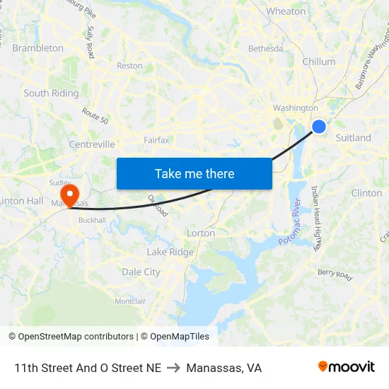 11th Street And O Street NE to Manassas, VA map