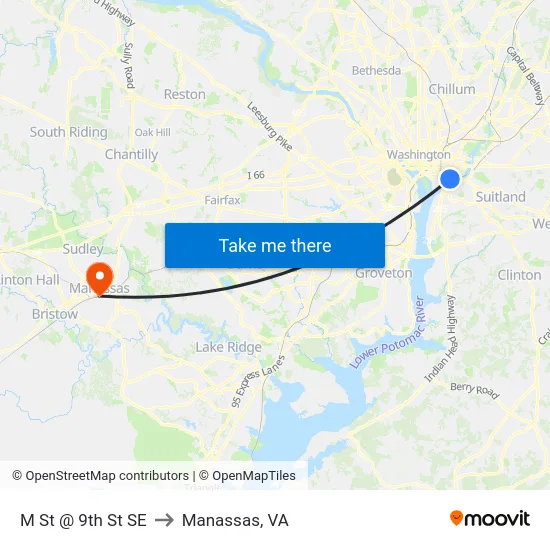 M St @ 9th St SE to Manassas, VA map