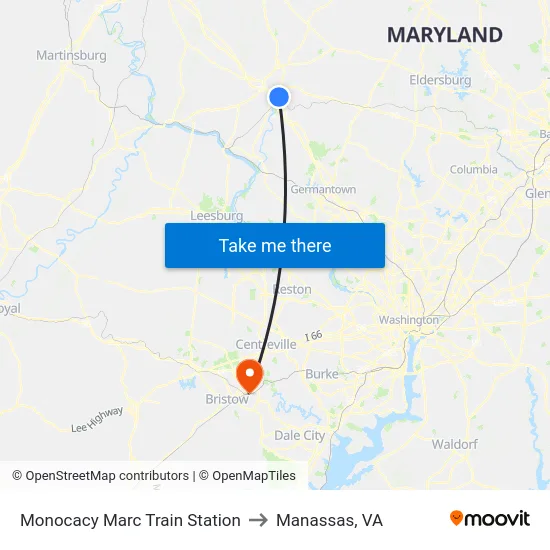 Monocacy Marc Train Station to Manassas, VA map