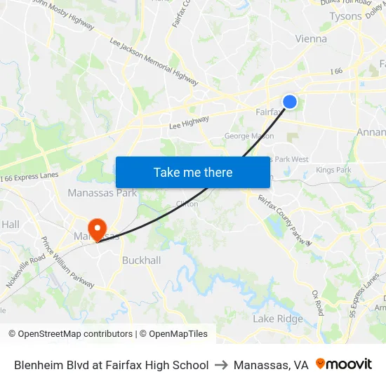 Blenheim Blvd at Fairfax High School to Manassas, VA map
