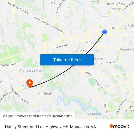 Nutley Street And Lee Highway to Manassas, VA map