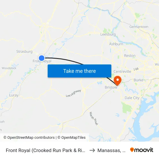 Front Royal (Crooked Run Park & Ride) to Manassas, VA map